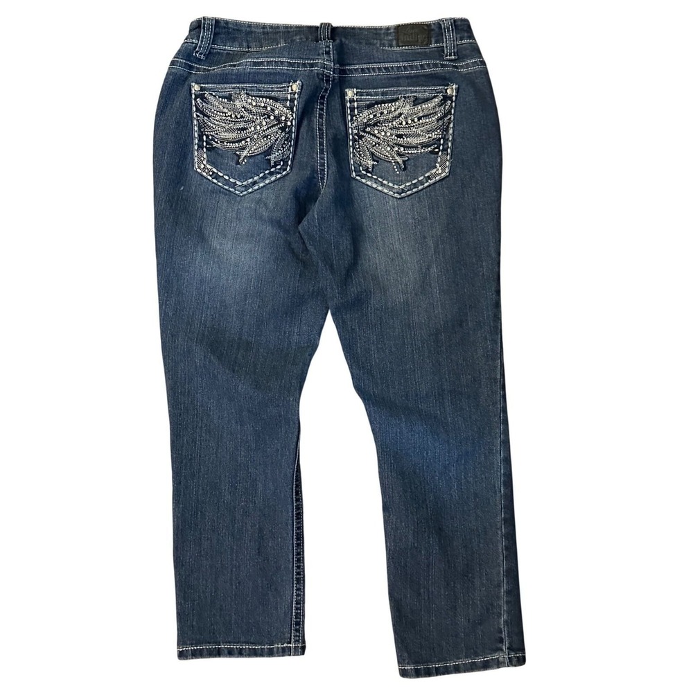 Love‎ Indigo Womens Size 6 Dark Wash Rhinestone Wing Embellished Straight Jeans